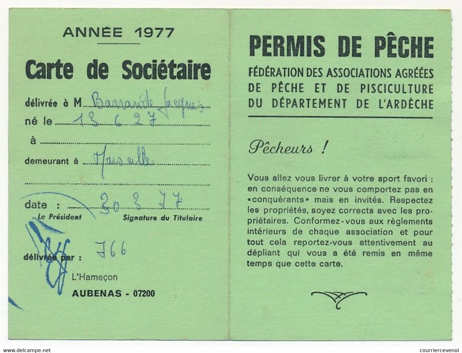 FRANCE - Permis De Pêche Département ARDECHE 1977- Fiscal Taxe Piscicole Ordinaire + Supplément Pour Lancer Mouche - Sonstige & Ohne Zuordnung