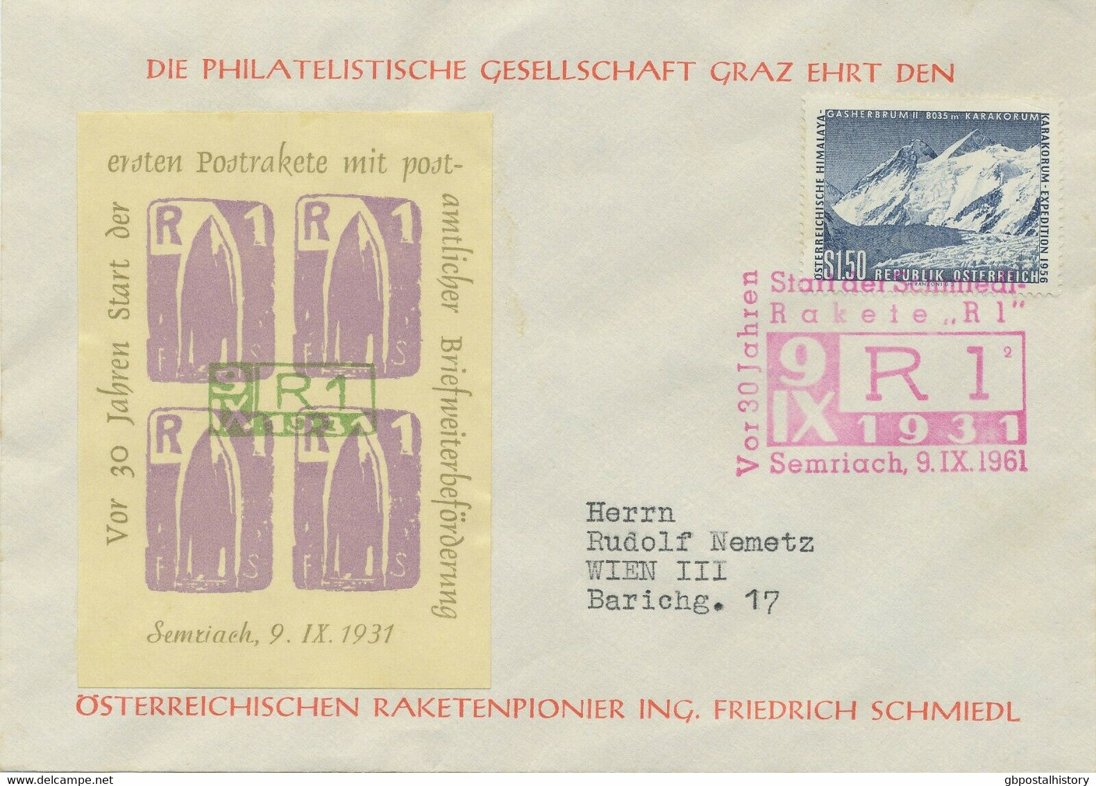 ÖSTERREICH RAKETENPOST 1961 Brief M. Sog. Schmiedl-Raketenblock (Kat 41) Nur 600 Stück - Other & Unclassified