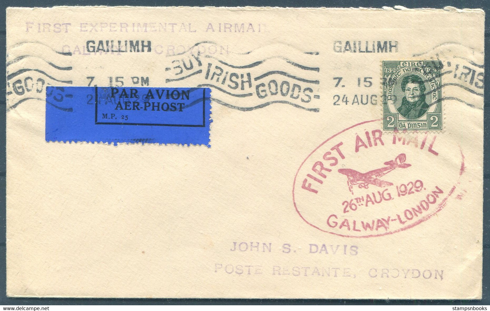 1929 (Aug 26th) Ireland Galway - Croydon London First Experimental Flight Airmail Cover (no Arrival Cancel) - Covers & Documents