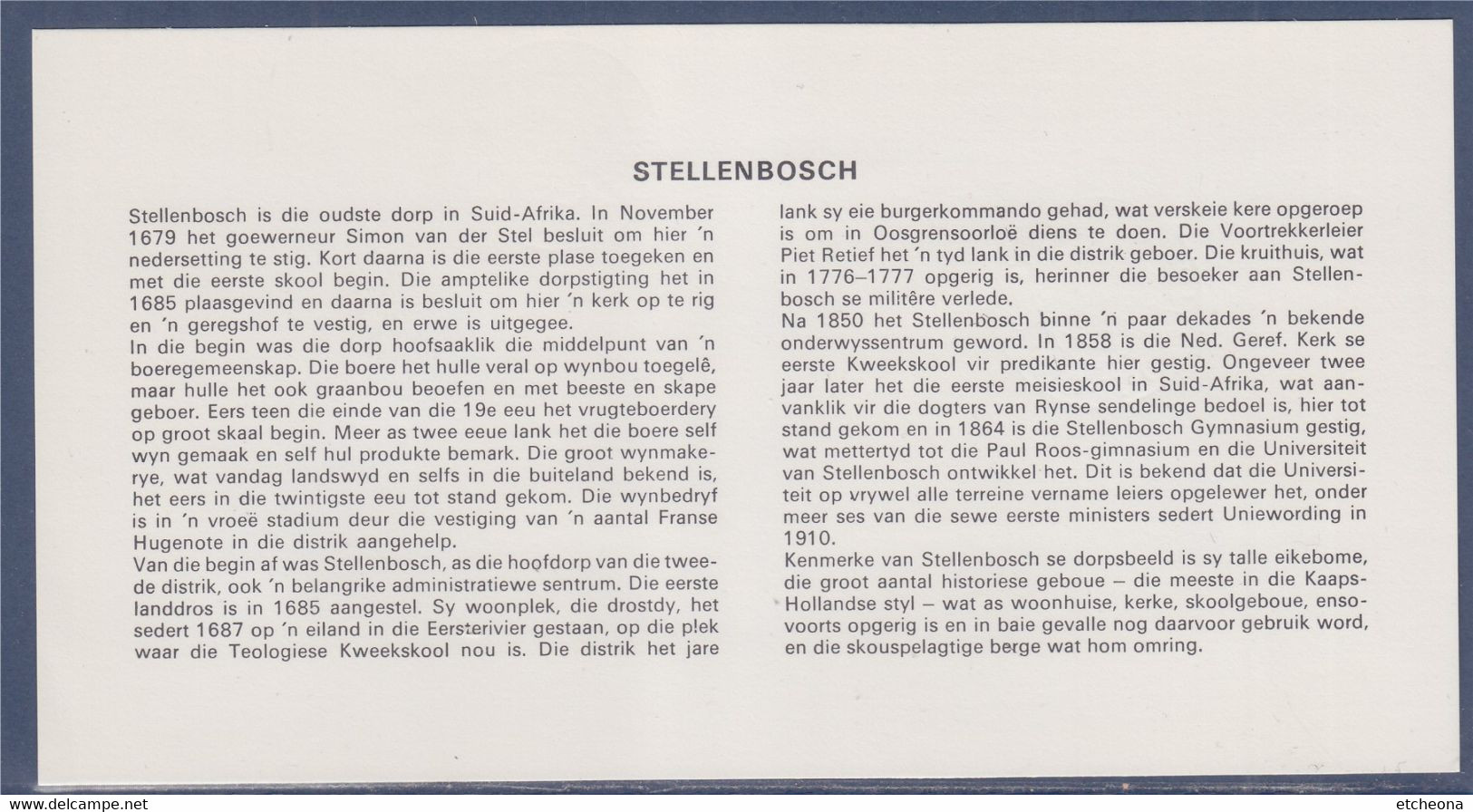 Deuxième Plus Ancienne Ville D'Afrique Du Sud Stellenbosch 08.11.79 Avec Bristol Explicatif, 2 Timbres - Lettres & Documents