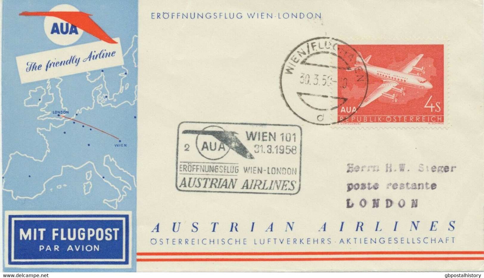 ÖSTERREICH 1958, AUA Kab.-Erstflug „WIEN – LONDON“ - Eerste Vluchten
