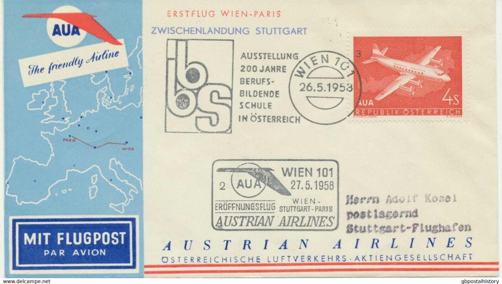 AUSTRIA 1958 AUA First Flight VIENNA-STUTTGART Intermediate Stage Of VIENNA-PARIS Route - Eerste Vluchten