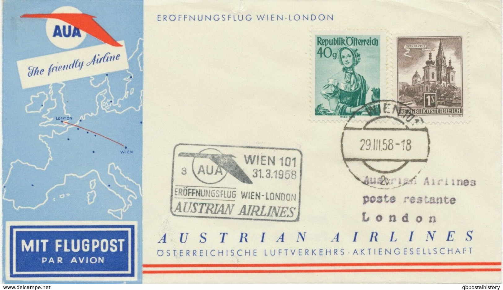 ÖSTERREICH AUA ERSTFLUG 1958 WIEN – LONDON (Stempel-Nr. 3), K2 WIEN 101 - Primeros Vuelos