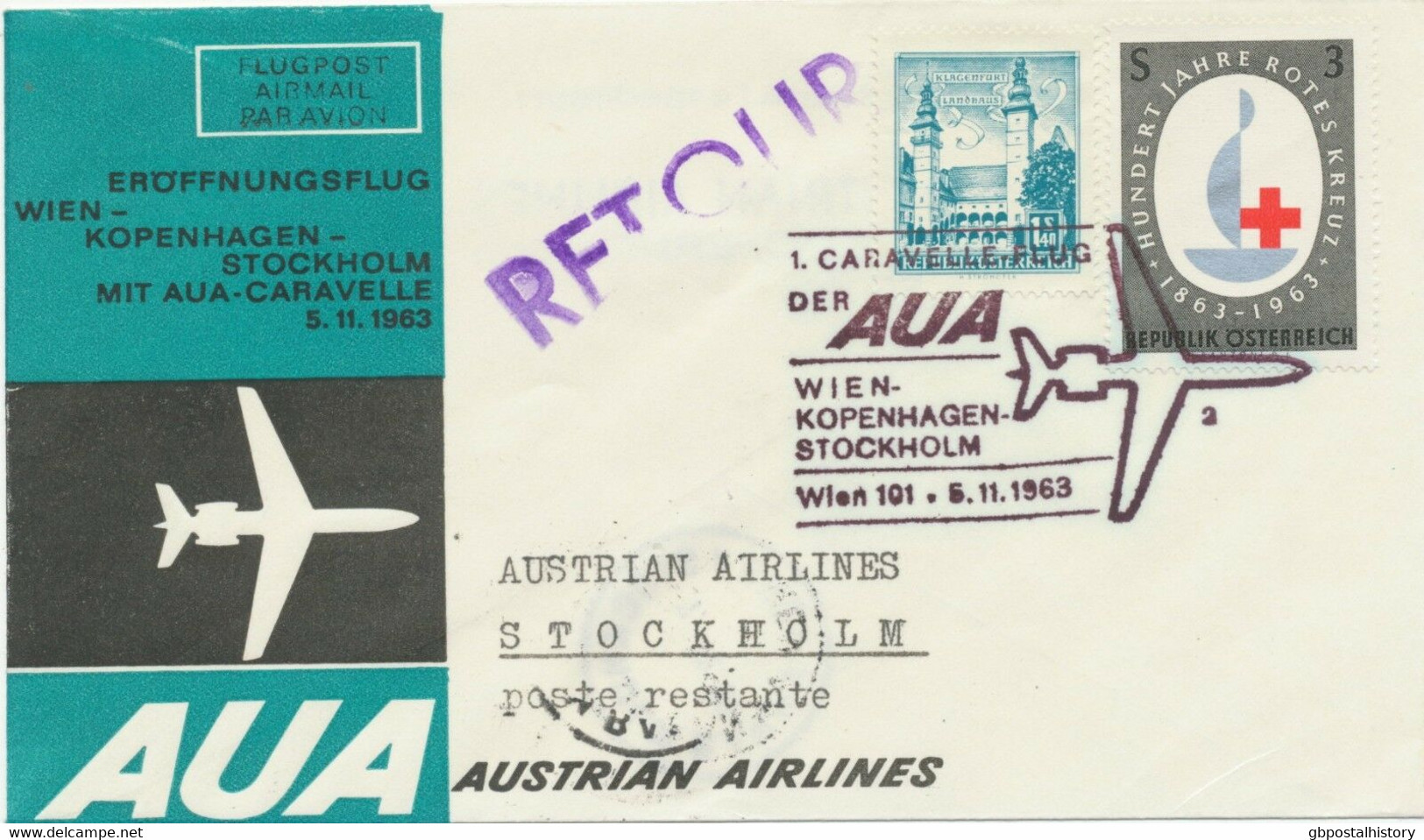 ÖSTERREICH AUA ERSTFLUG CARAVELLE 1963 WIEN - STOCKHOLM (Stempel Nr. 2) - Eerste Vluchten