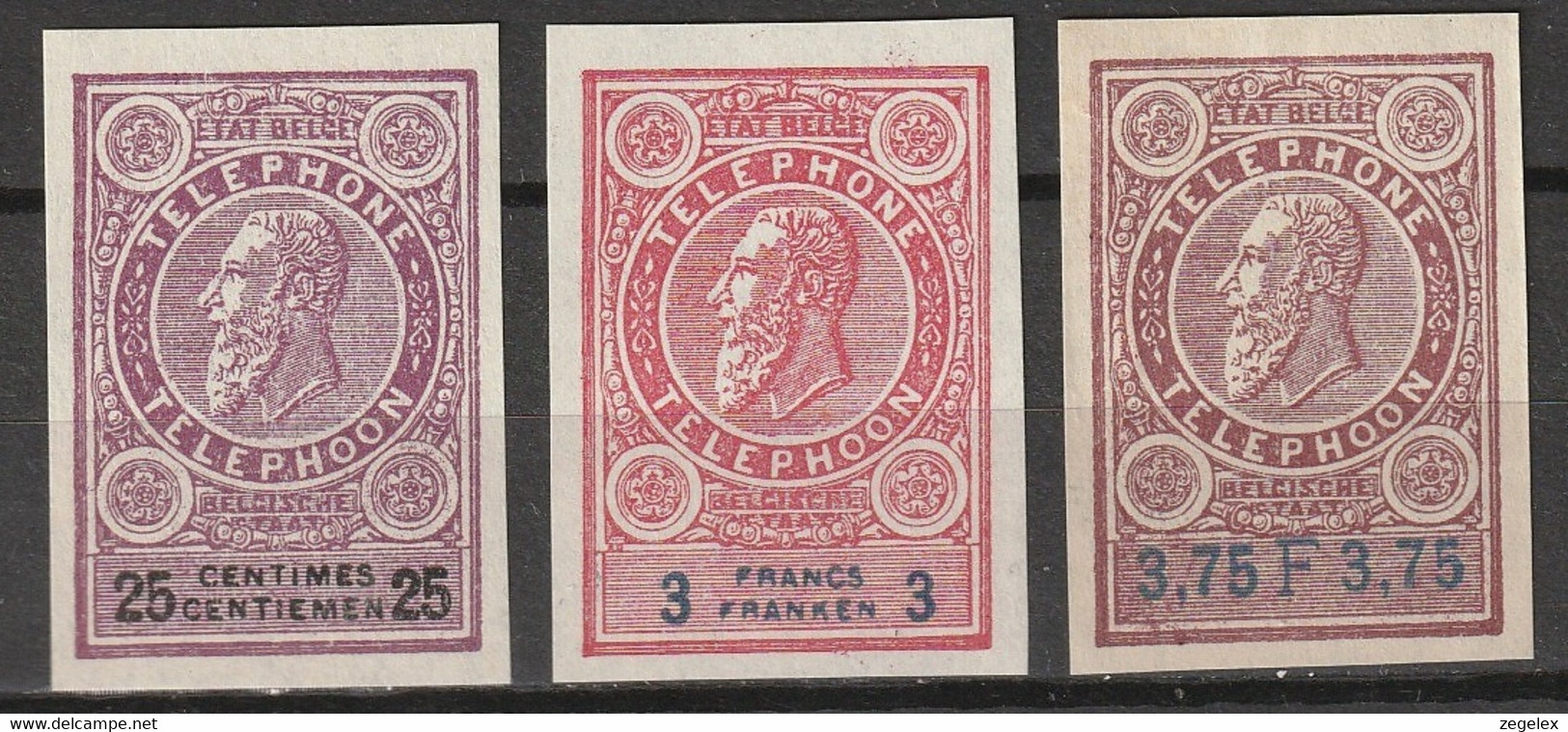 Belgie 1895 Timbres Téléphone TF21, TF27, TF28 ( 25c, 3F, 3.75F) Non Dentelés Sans Gomme - Telephone [TE]