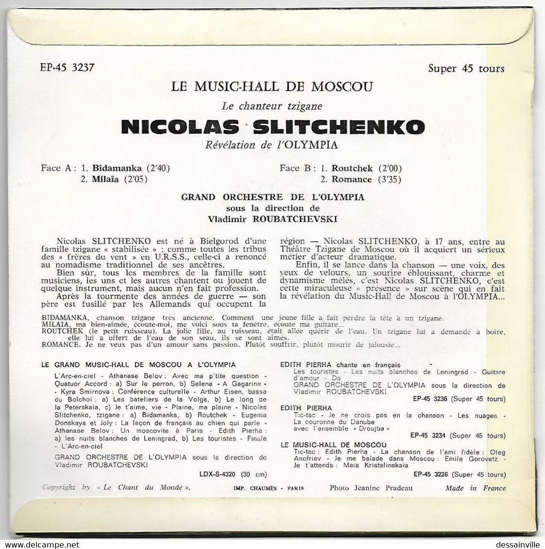 SP 45 Tours - NICOLAS SLITCHENKO Chanteur Tzigane à L'Olympia - World Music