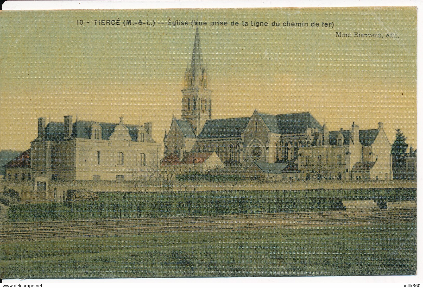 CPA 49 TIERCE Eglise Vue Prise De La Ligne De Chemin De Fer - Colorisée Toilée - Tierce