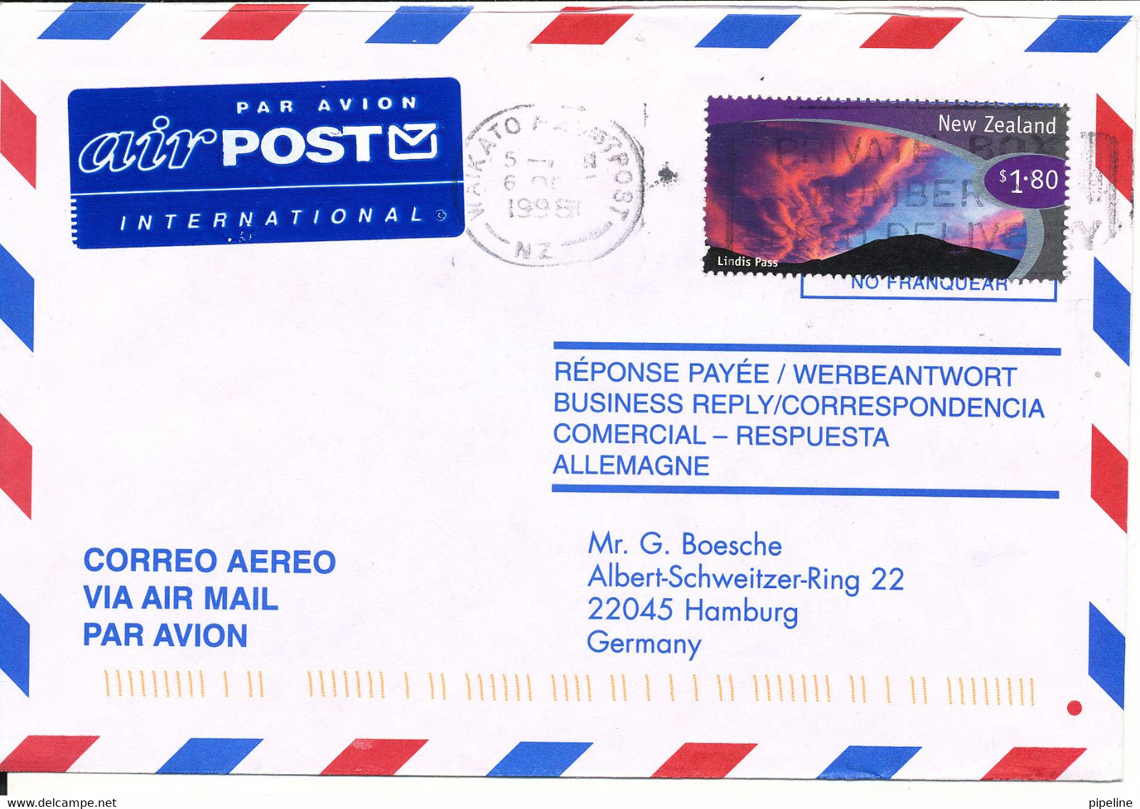 New Zealand Air Mail Cover Sent To Germany 6-10-1998 Single Franked - Luchtpost