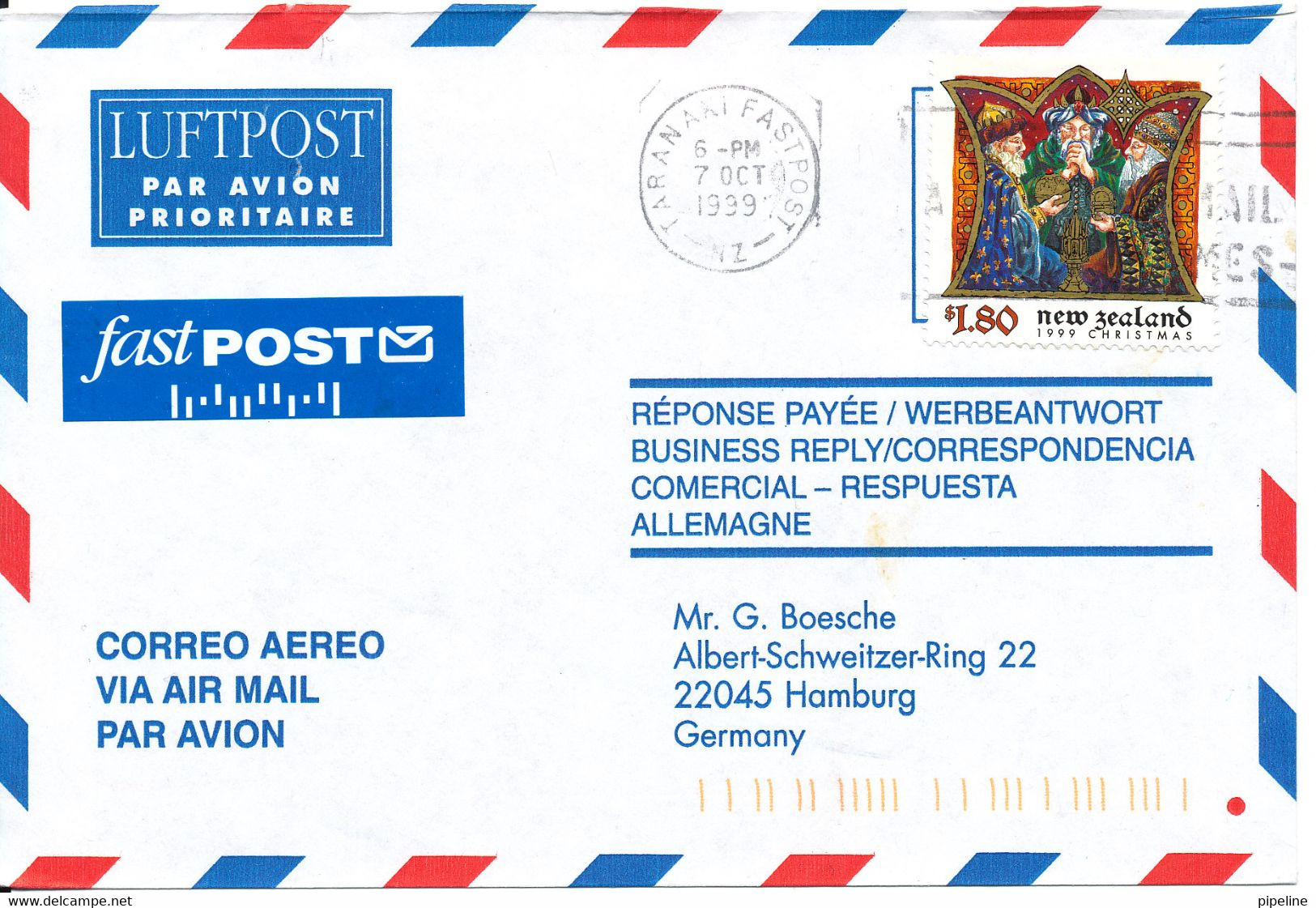 New Zealand Cover Sent Air Mail To Germany 7-10-1999 Single Franked - Luchtpost