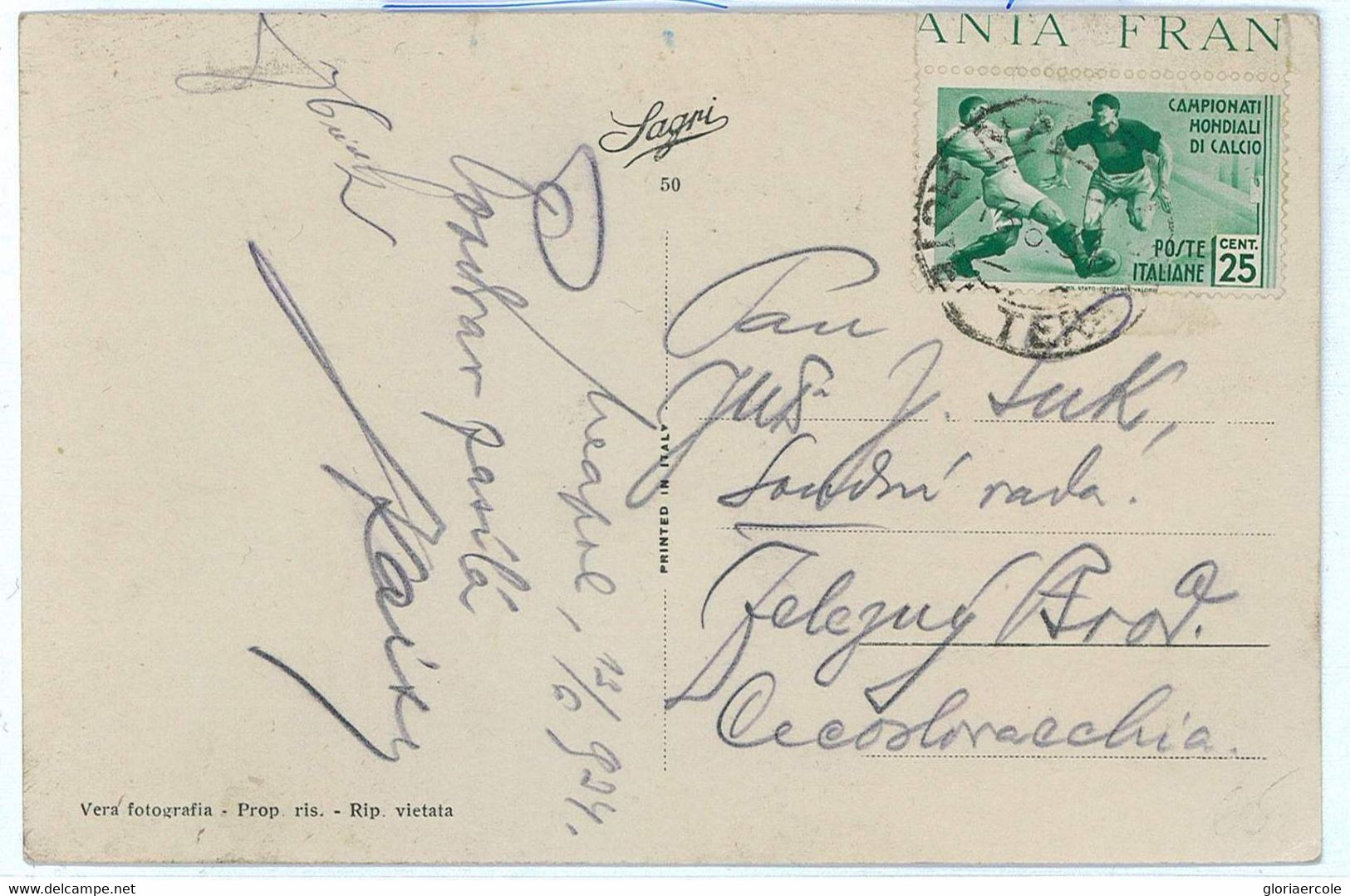 BK1610 - ITALY - Postal History - FOOTBALL Wold Cup 1934 To CZECHOSLOVAKIA 13.06 - 1934 – Italië