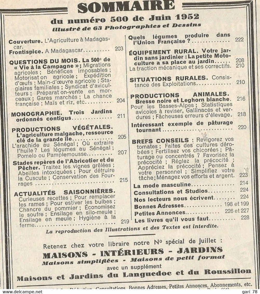 VIE à La CAMPAGNE N° 500 Juin 1952 L'agriculture à Madagascar - Garten