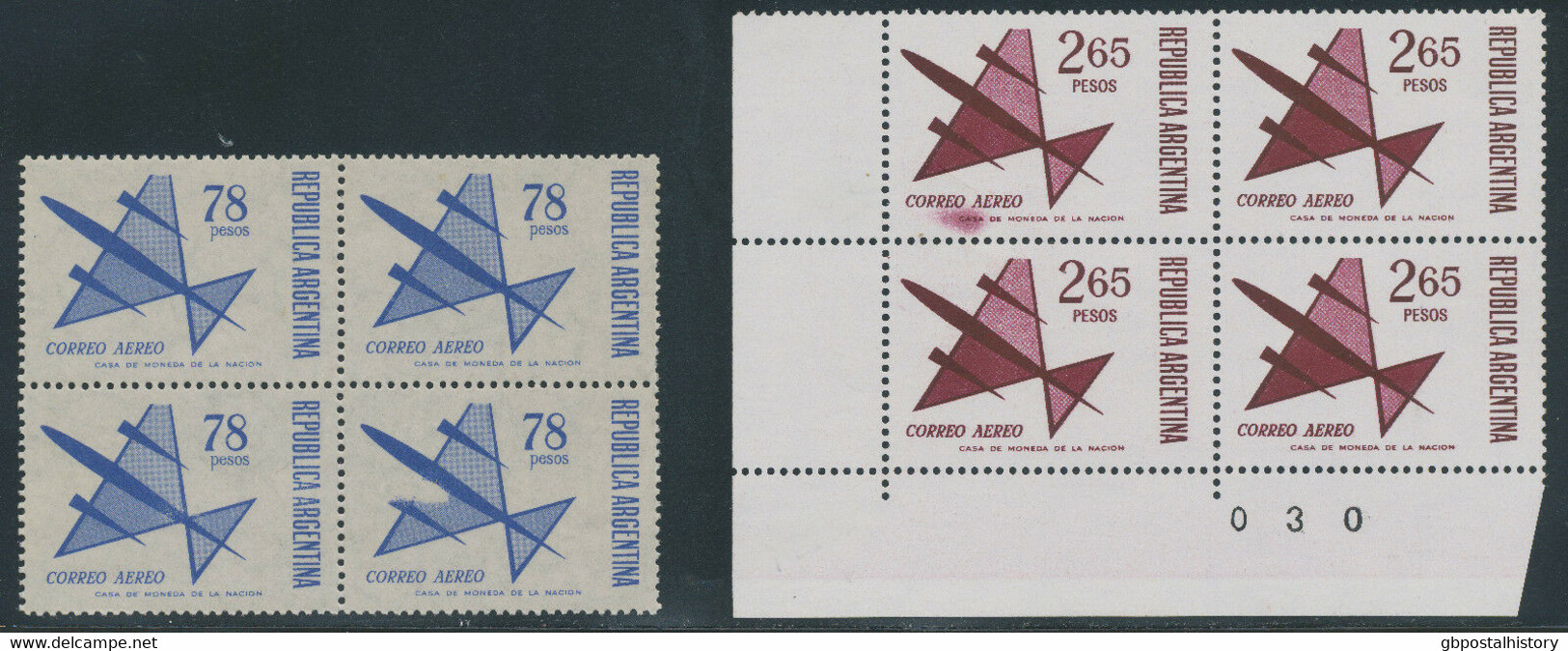 ARGENTINIEN 1967 78 P 1974 2.65 P Flp.-Ausgabe Postfrische Viererblöcke ABARTEN - Airmail