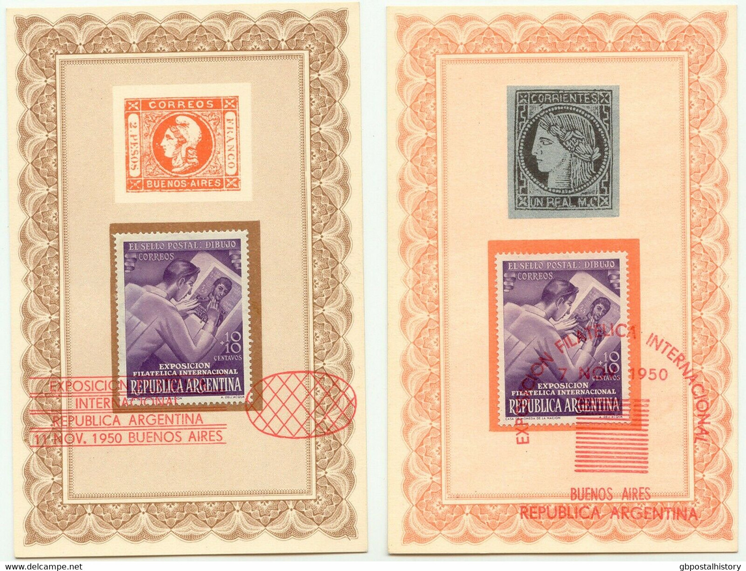 ARGENTINIEN 1950 Int. Briefmarkenausstellung, 9 Versch. Farbige AK's M. SST - Brieven En Documenten