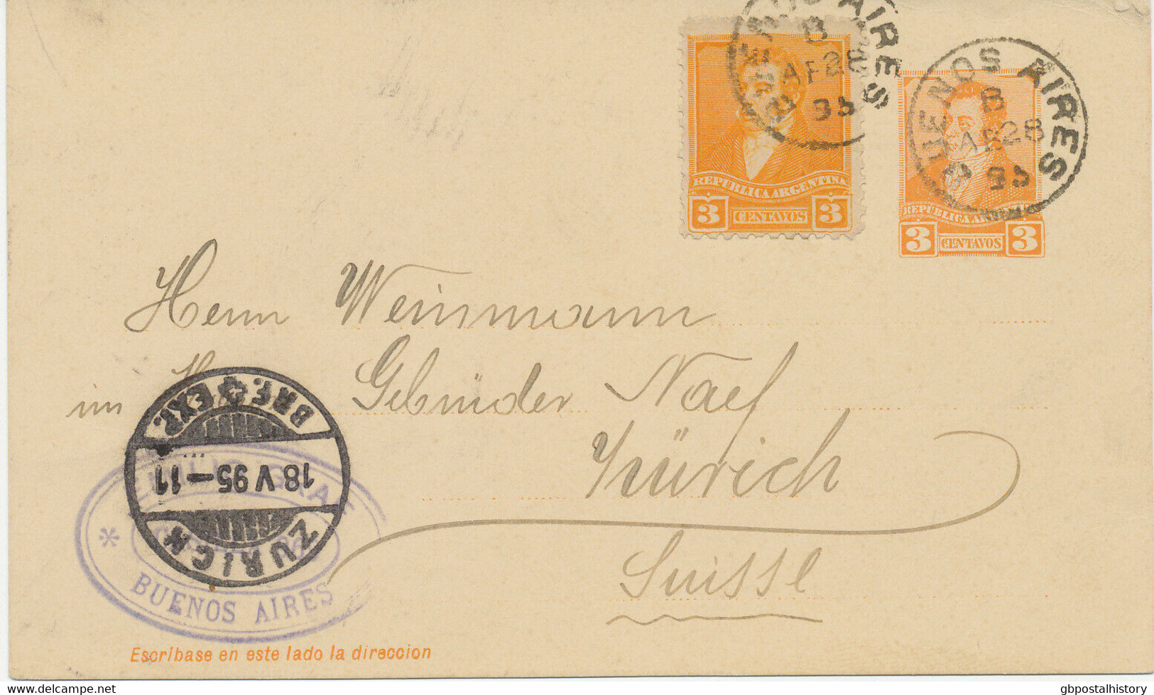 ARGENTINIEN 1895, 3 C Orange Rivadavia Kab.-GA-Postkarte M. Bildgleicher Marke 3 C   Als Zusatzfrank., Fingerhut-K1 - Lettres & Documents