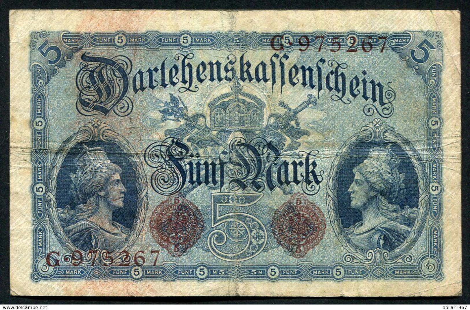 Germany - Duitsland ,6stellig ( A )  Ersten Weltkriegs , 5 Mark  1914-1918 - NR G 975267 . - 5 Mark