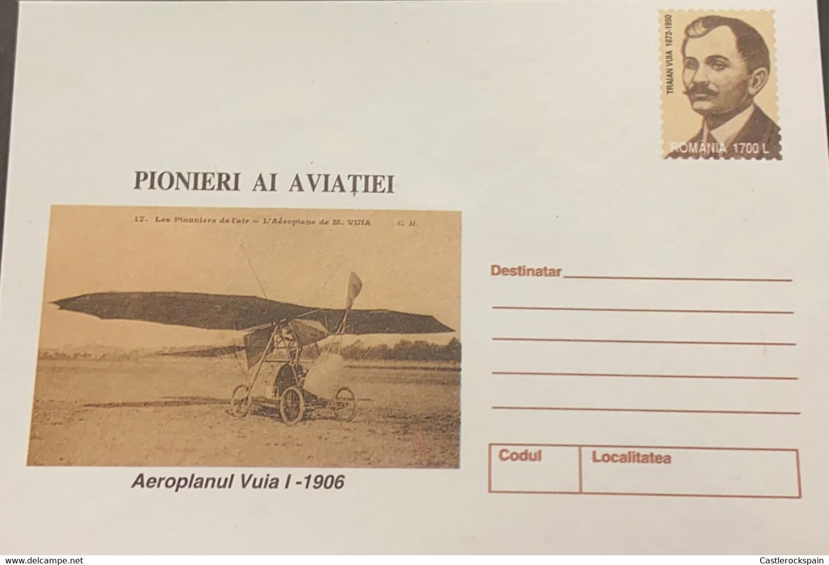 O) 2000 ROMANIA, TRAIAN VUIA PIONEER IN AVIATION, AIRPLANE -SELF-POWERED AIRCRAFT, POSTAL STATIONERY, UNUSED - Andere & Zonder Classificatie