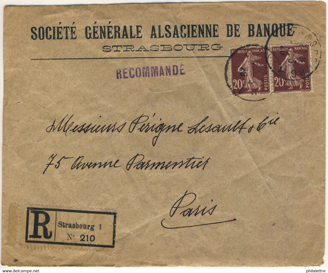 FRANCE / Alsace-Lorraine - 1920 - Paire Yv.139 Sur LSC Recommandée De STRASBOURG 1 à Paris - 1877-1920: Période Semi Moderne