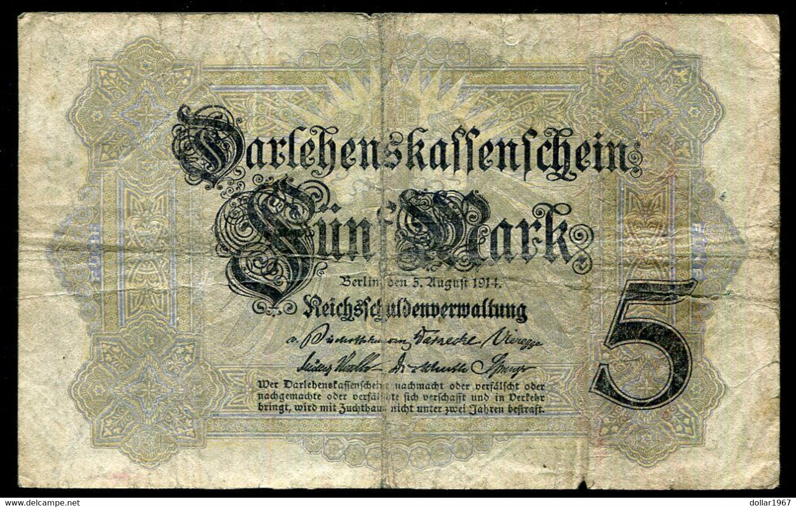 Germany - Duitsland ,6stellig ( A )  Ersten Weltkriegs , 5 Mark  1914-1918 - NR J 317386 . - 5 Mark