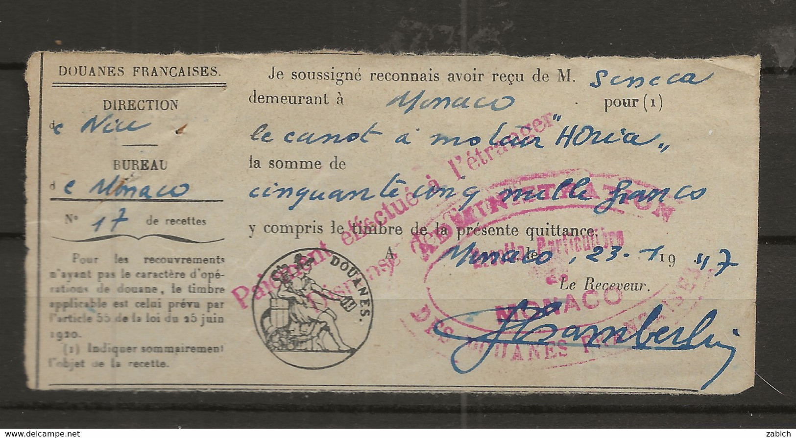 TIMBRES FISCAUX MIXTE FRANCE/ MONACO DOUANES CACHET DISPENSE DU TIMBRE PAIEMENT à L'ETRANGER 1947 - Fiscaux