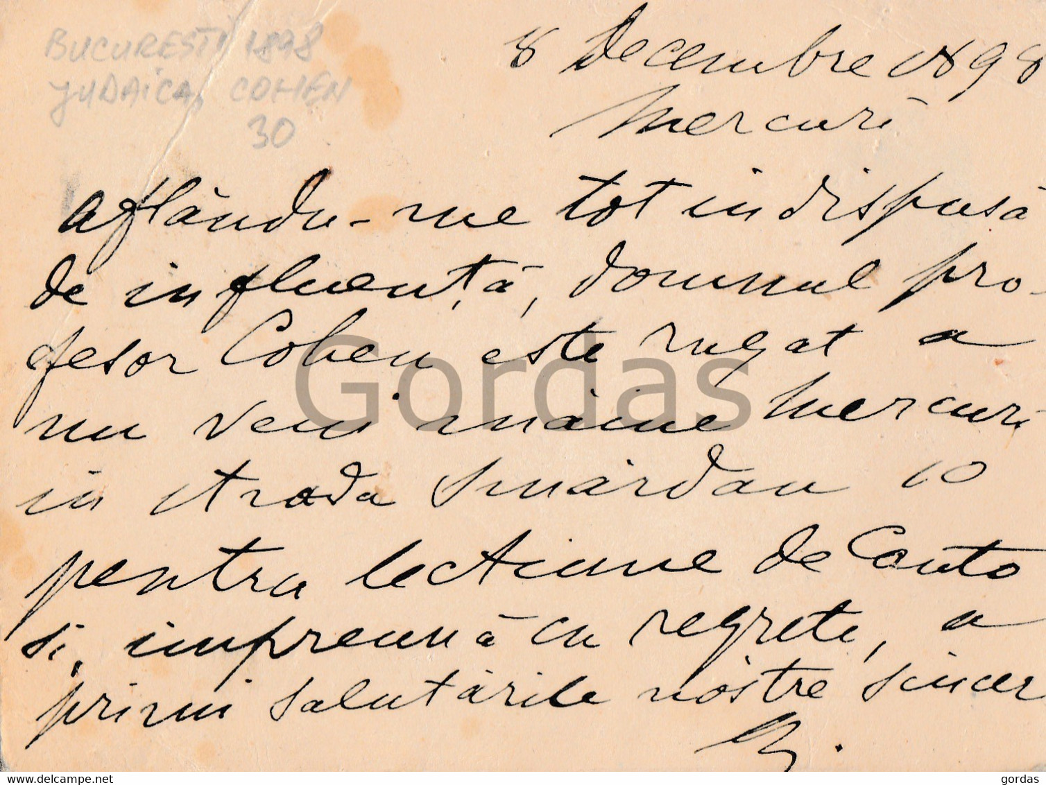 Romania - Bucuresti - 1898 - Stationery 5 Bani - Judaica - Cohen - Brieven En Documenten