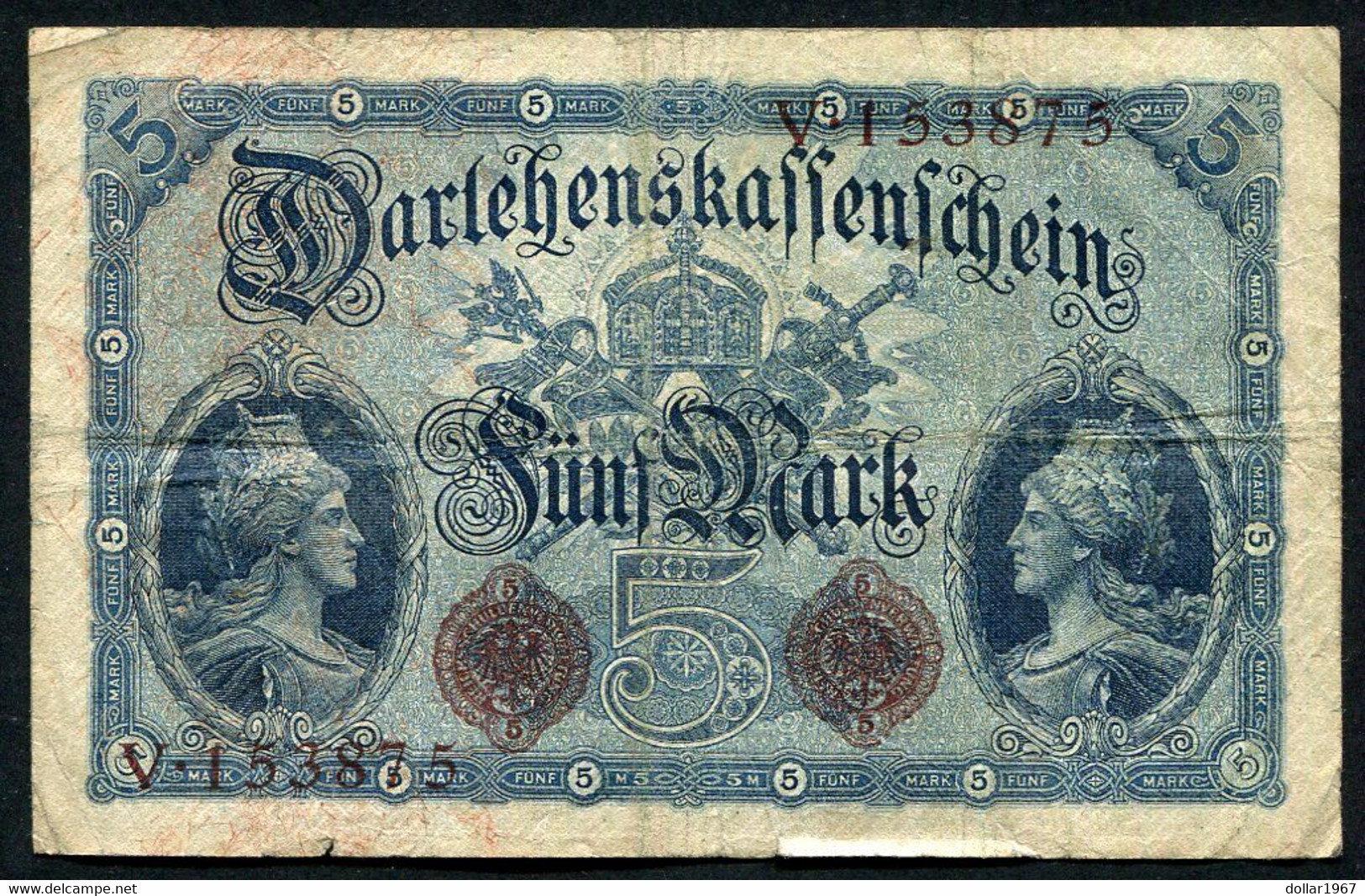 Germany - Duitsland ,6stellig ( A )  Ersten Weltkriegs , 5 Mark  1914-1918 - NR V 153875 - 5 Mark