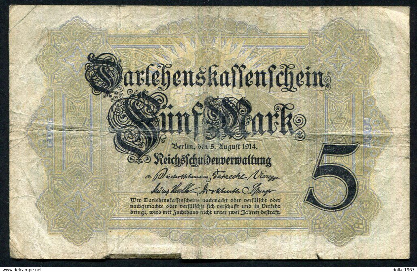 Germany - Duitsland ,6stellig ( A )  Ersten Weltkriegs , 5 Mark  1914-1918 - NR V 153875 - 5 Mark