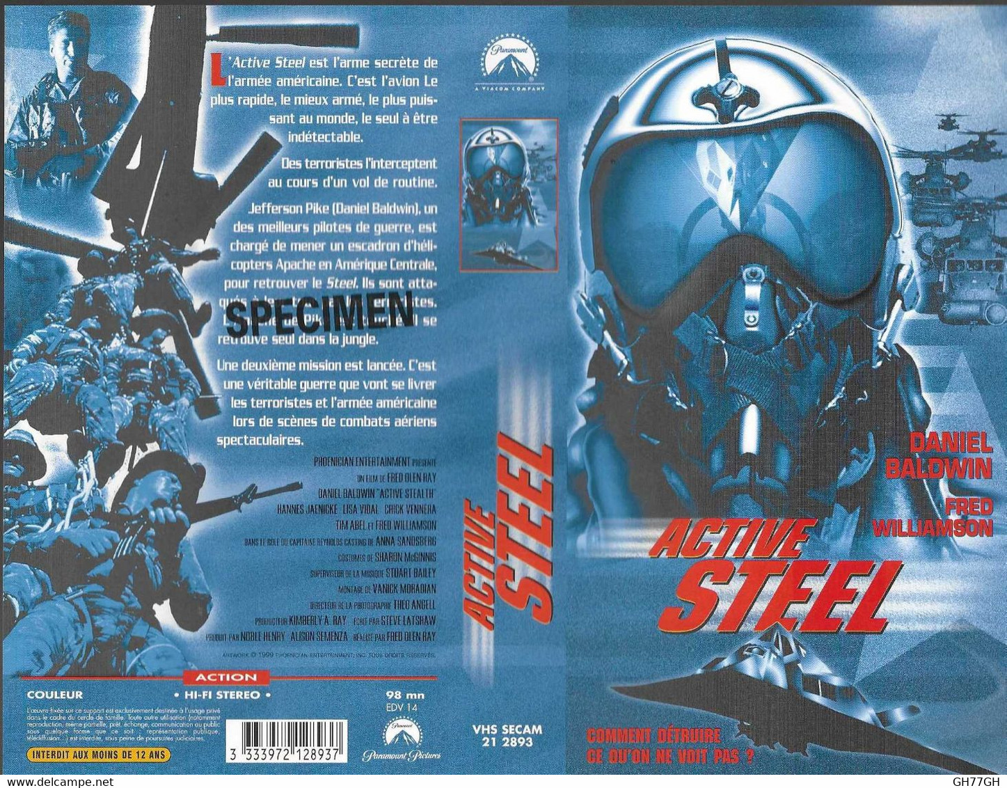 "ACTIVE STEEL" -jaquette SPECIMEN Originale PARAMOUNT VHS SECAM -active Stealth - Action & Abenteuer
