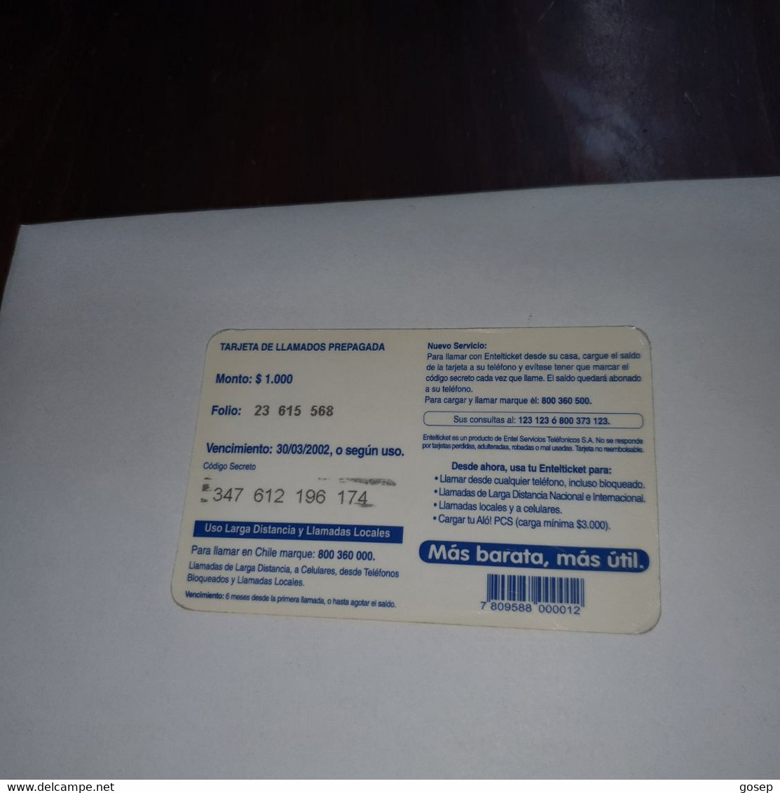 Chile-entel Ticket-(7)-($1.000)-(347-612-196-174)-(30/3/2002)-(look Outside)-used Card+1card Prepiad Free - Chili