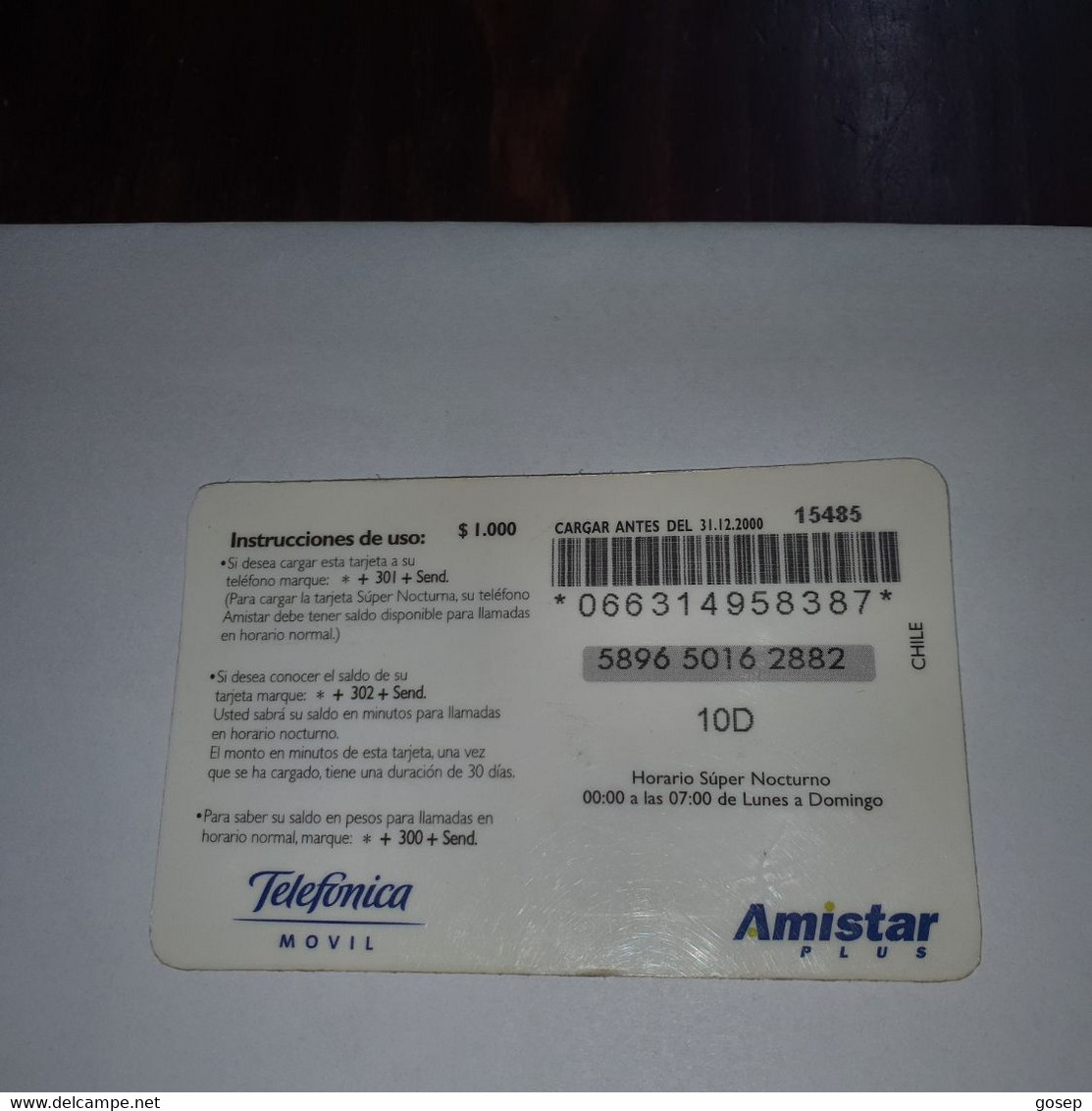 Chile-amistar Plus-(34)-($1.000)-(5896-5016-2882)-(31/12/2000)-(look Outside)-used Card+1card Prepiad Free - Chili