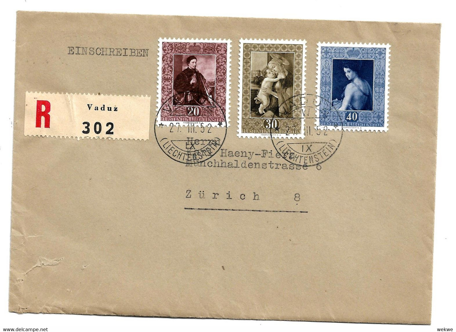 Lie091 / LIECHTENSTEIN - FDC Einschreiben Gemälde 1952 - Cartas & Documentos