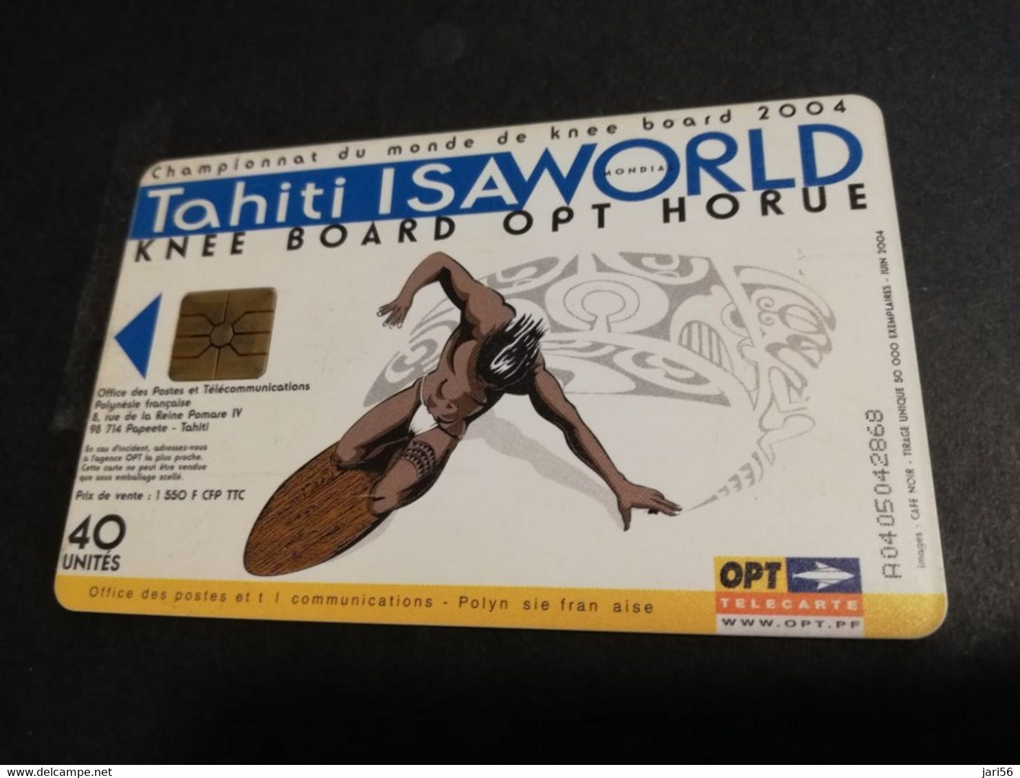 POLINESIA FRANCAISE  CHIPCARD  40 UNITS  TAHITI ISAWORLD KNEE BOARD OPT HORUE           **4922** - Polynésie Française