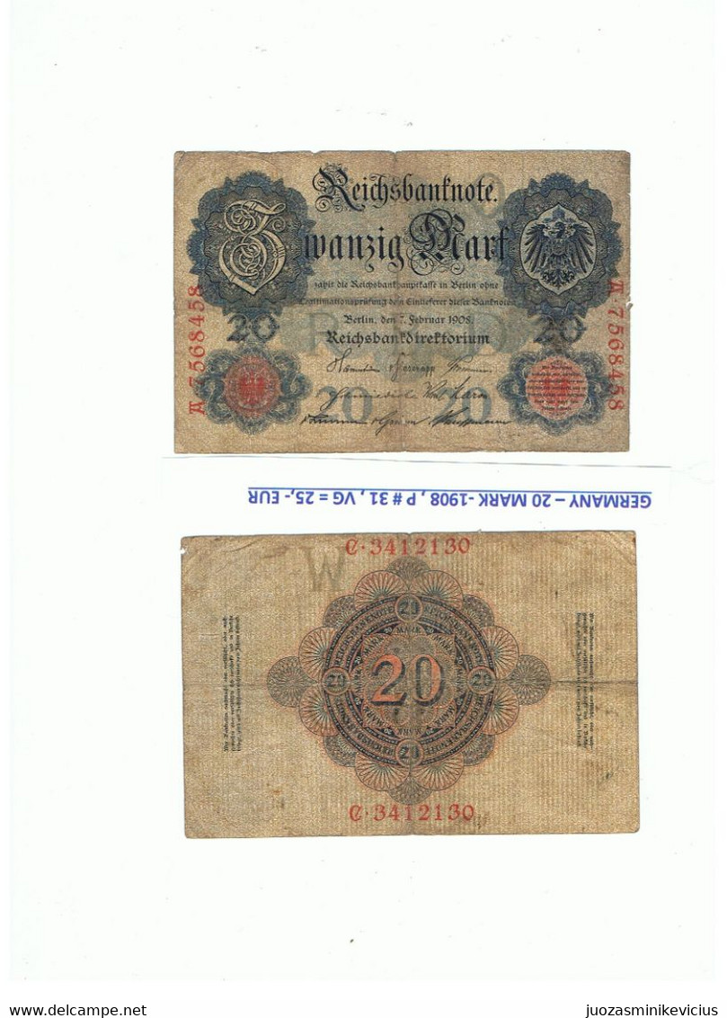 GERMANY -20  MARK- 1908 , P # 31 , GOOD . - 20 Mark