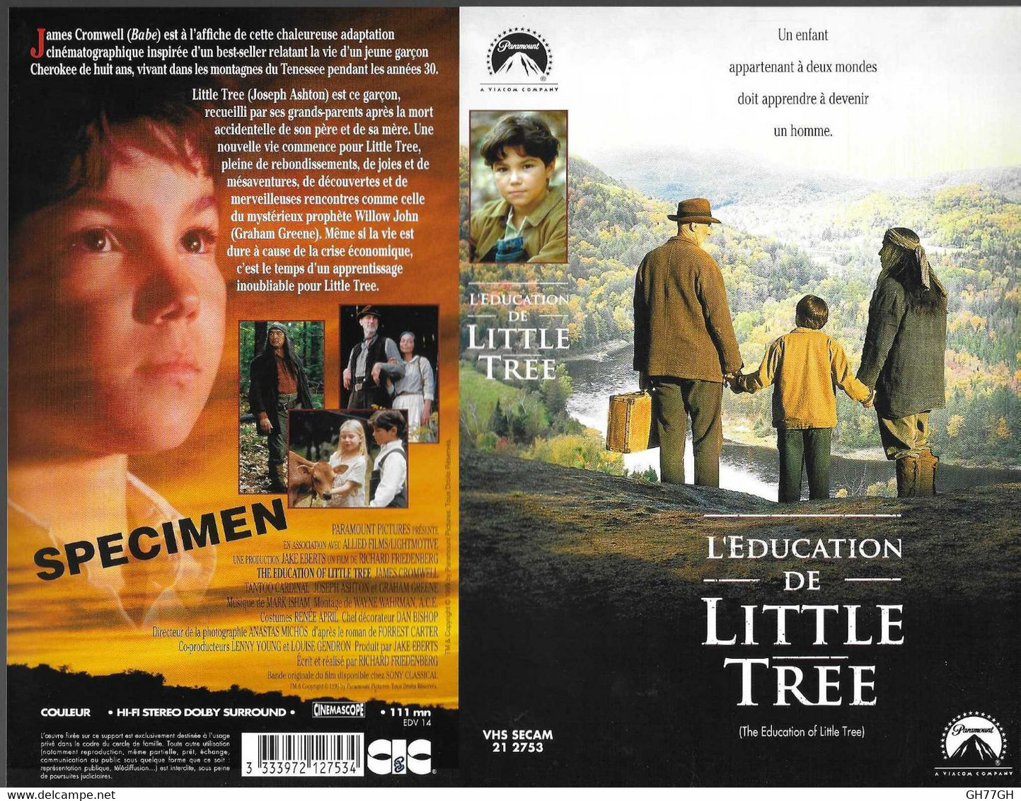 "L'EDUCATION DE LITTLE TREE" -jaquette SPECIMEN Originale CIC VIDEO -the Education Of... - Action & Abenteuer