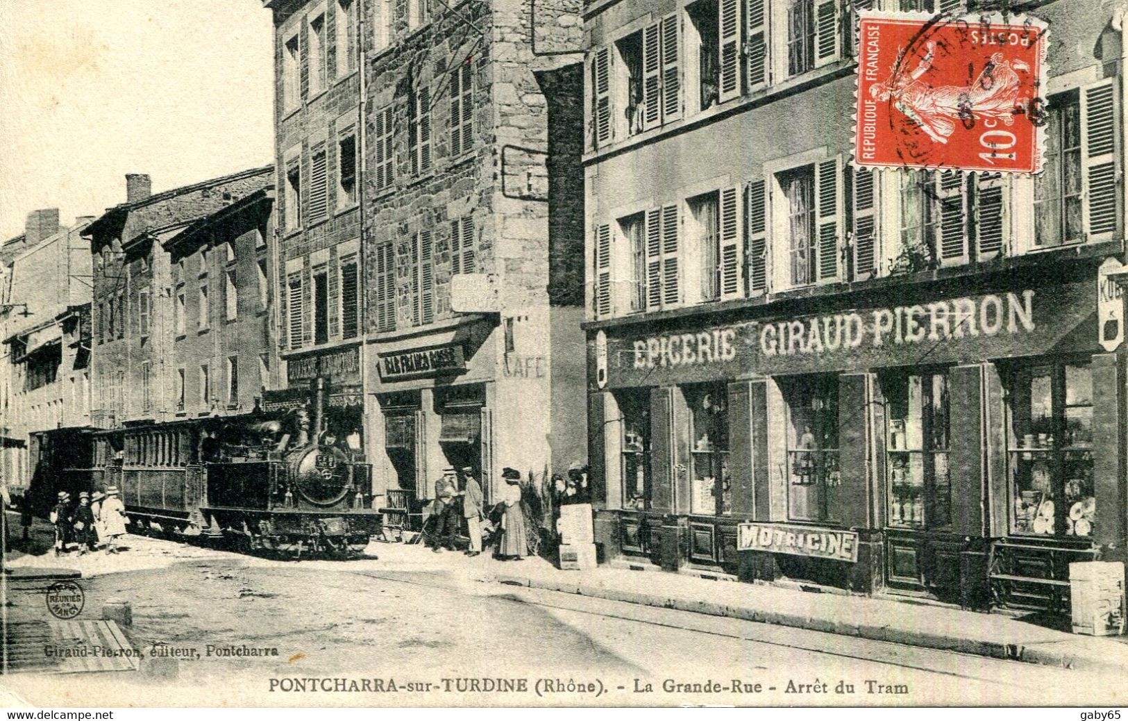 CPA.69.PONTCHARRA SUR TURDINE.LA GRANDE RUE.ARRET DU TRAM.EPICERIE GIRAUD-PIERRON EDITEUR. - Pontcharra-sur-Turdine