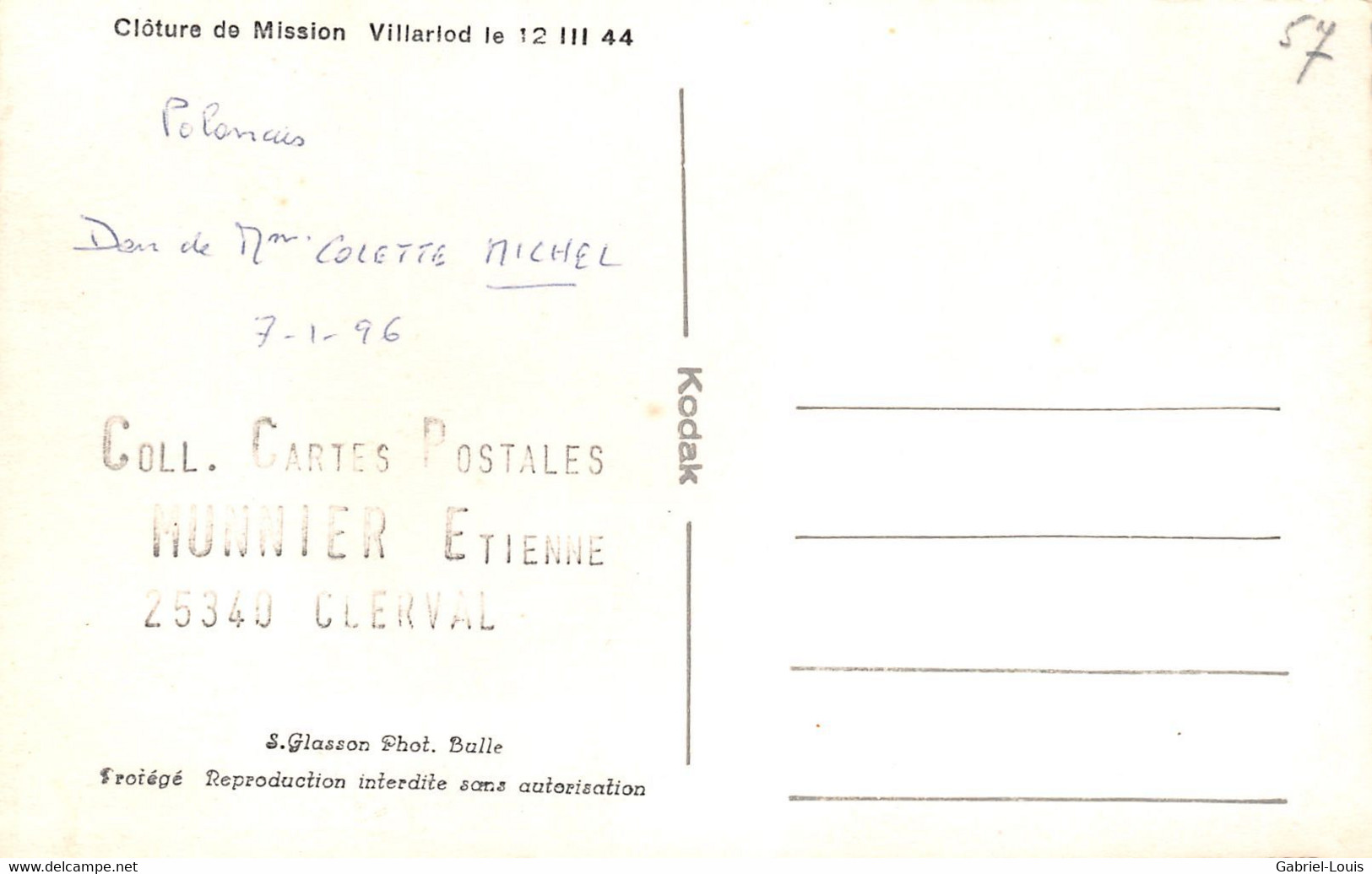 Villarlod - Clôture De Mission 12.03.1944  Commune Du Gibloux ( Farvagny - Rossens - Corpataux- Le Glèbe) - Rossens