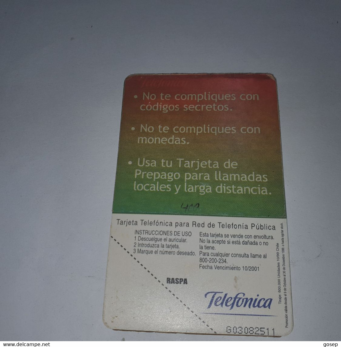 Chile-(cl-tlf-010)-usala Siempre-(91)-($2.000)-(G03082511)-(10/1999)-(600.000)-used Card+1card Prepiad Free - Chile