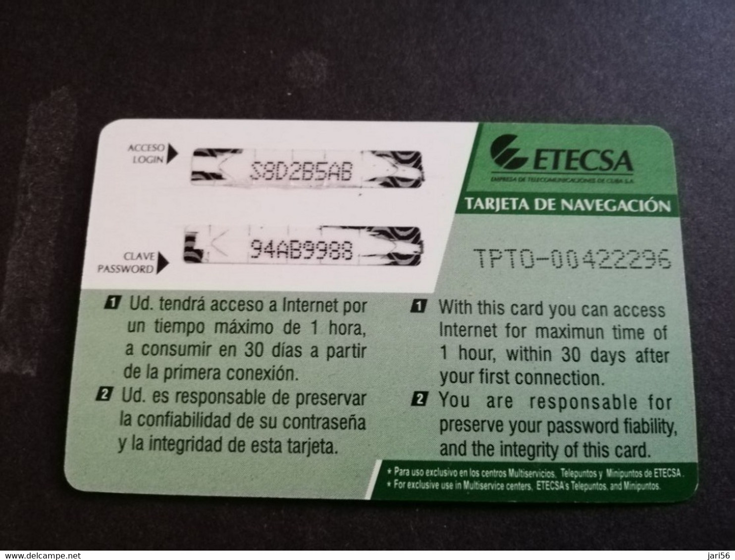 CUBA  6.00 CUC   ETECSA  PREPAID  CARD   NAUTA / INTERNET CARD    ** 5024** - Kuba