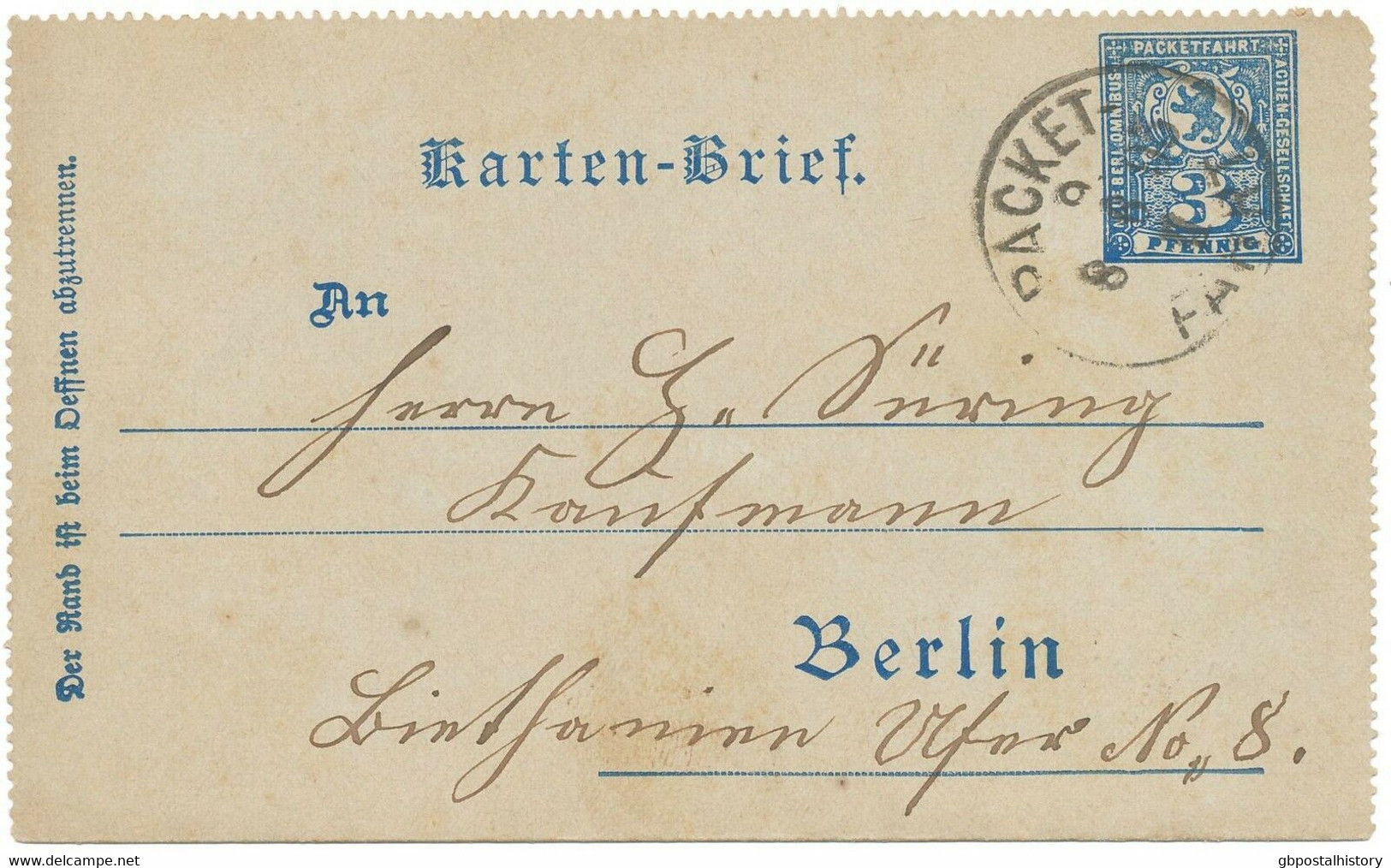 BERLIN 1893 3 Pf Privat-GA-Kartenbrief Der Neue Berl. Omnibus Packetfahrt AG K1 - Cartes Postales Privées - Oblitérées