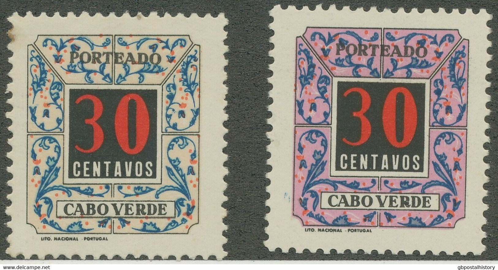 CAPE VERDE 1952 Postage Due 30 C Unused MAJOR VARIETY: MISSING COLOR PURPLE - Kap Verde