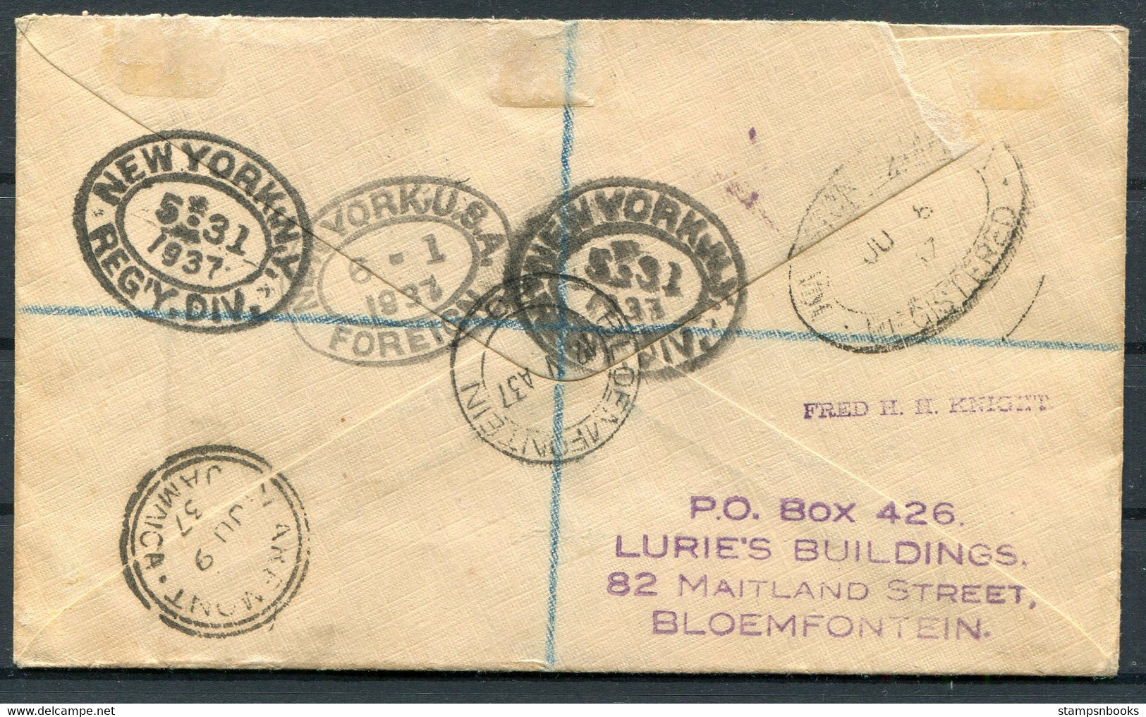 1937 South Africa Coronation First Day Cover, Registered Airmail Bloemfontein - Claremont Jamaica - Luftpost