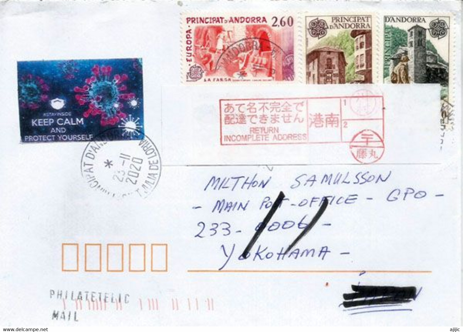 Lettre D'Andorre Adressée à Yokohama (Japon)pendant Confinement Covid-19,retour à L'expediteurm Avec Cachet Retour Japon - Covers & Documents