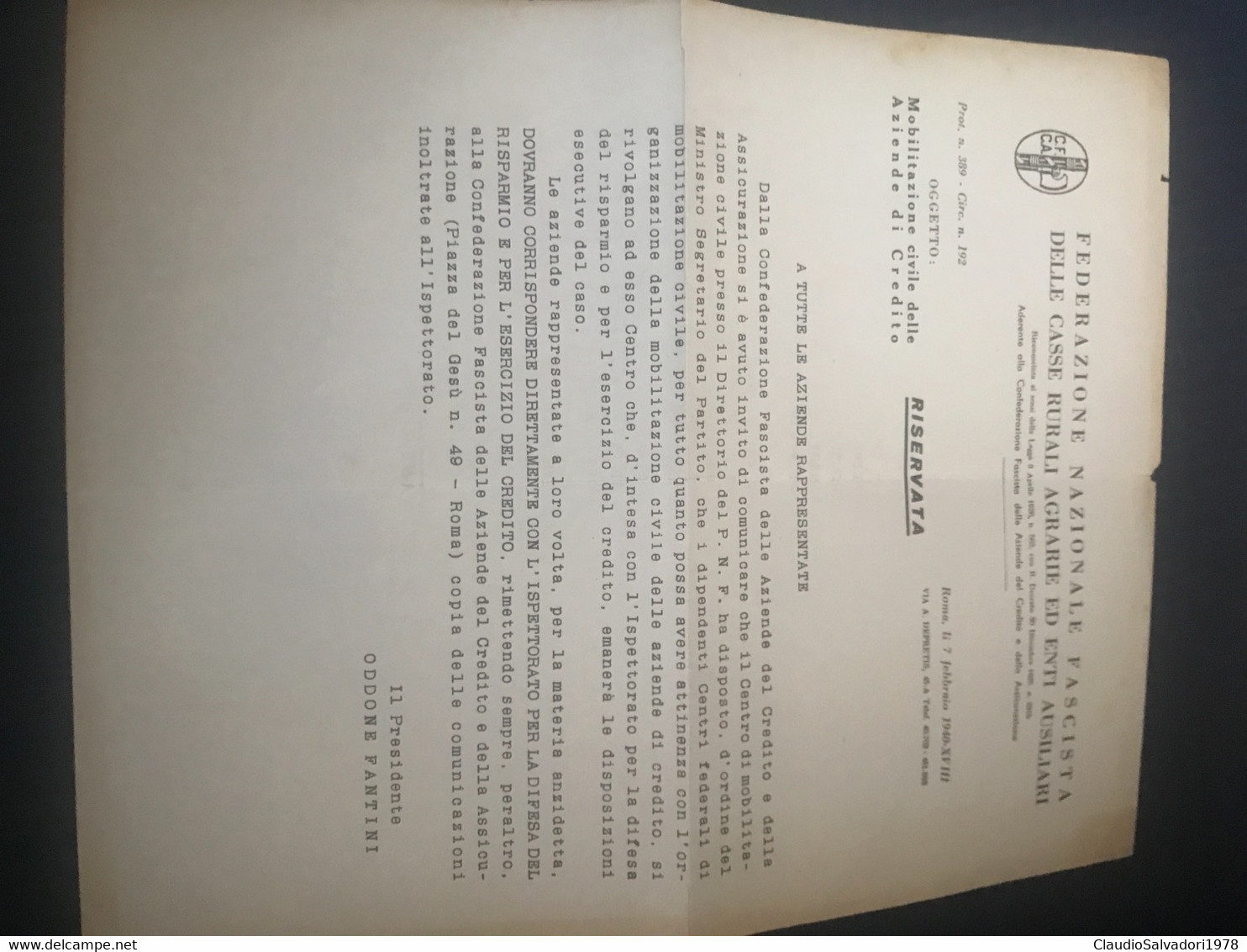 1940 Documento Federazione Nazionale Fascista Delle Casse Rurali Agrarie Ed Enti Ausiliari - Décrets & Lois