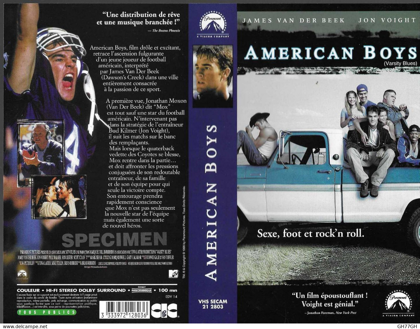 "AMERICAN BOYS" -jaquette SPECIMEN Originale CIC VIDEO -sexe, Foot Et Rock'n Roll - Action & Abenteuer