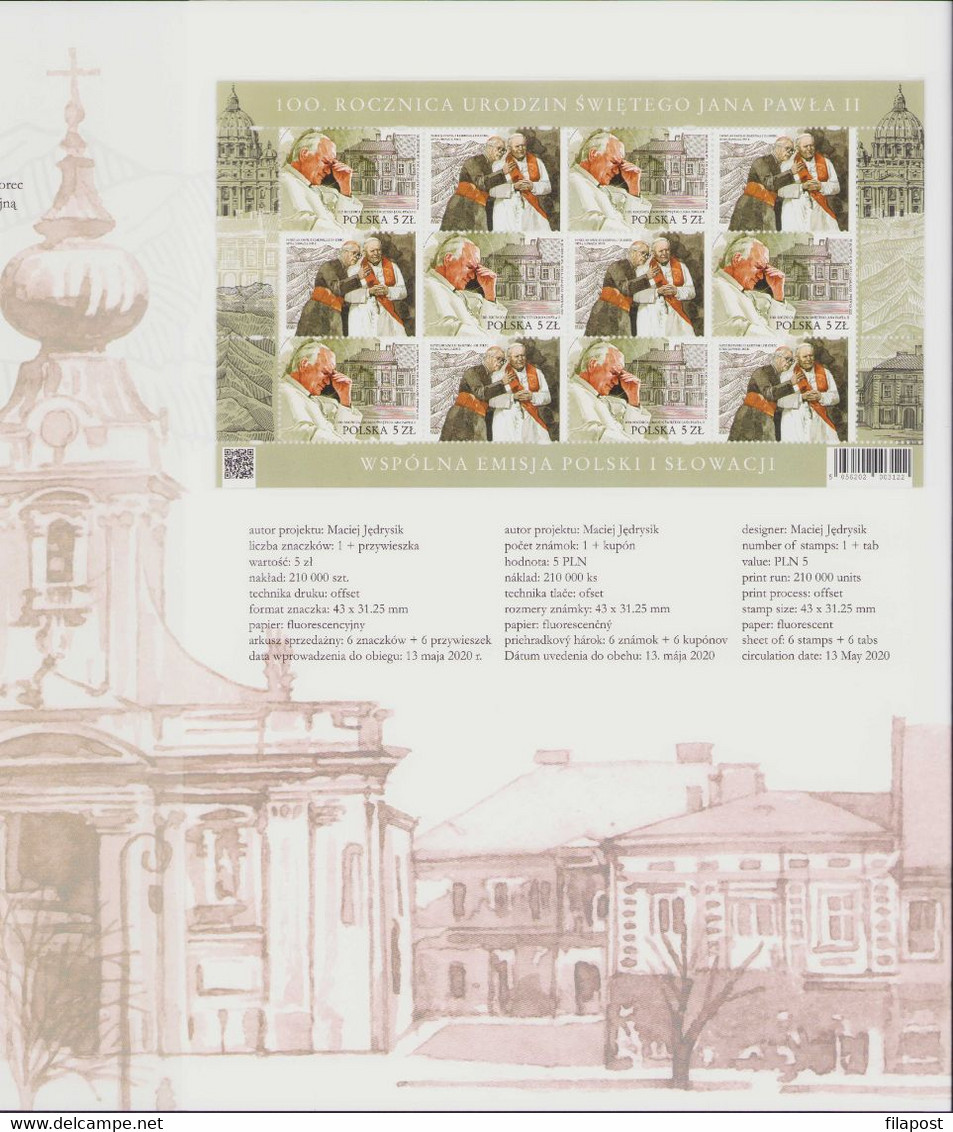 2020 Poland Souvenir Booklet 100th Anniv Of Birth Pope John Paul II Joint Issue With Slovak Post 2 Full Sheet MNH** FV - Libretti