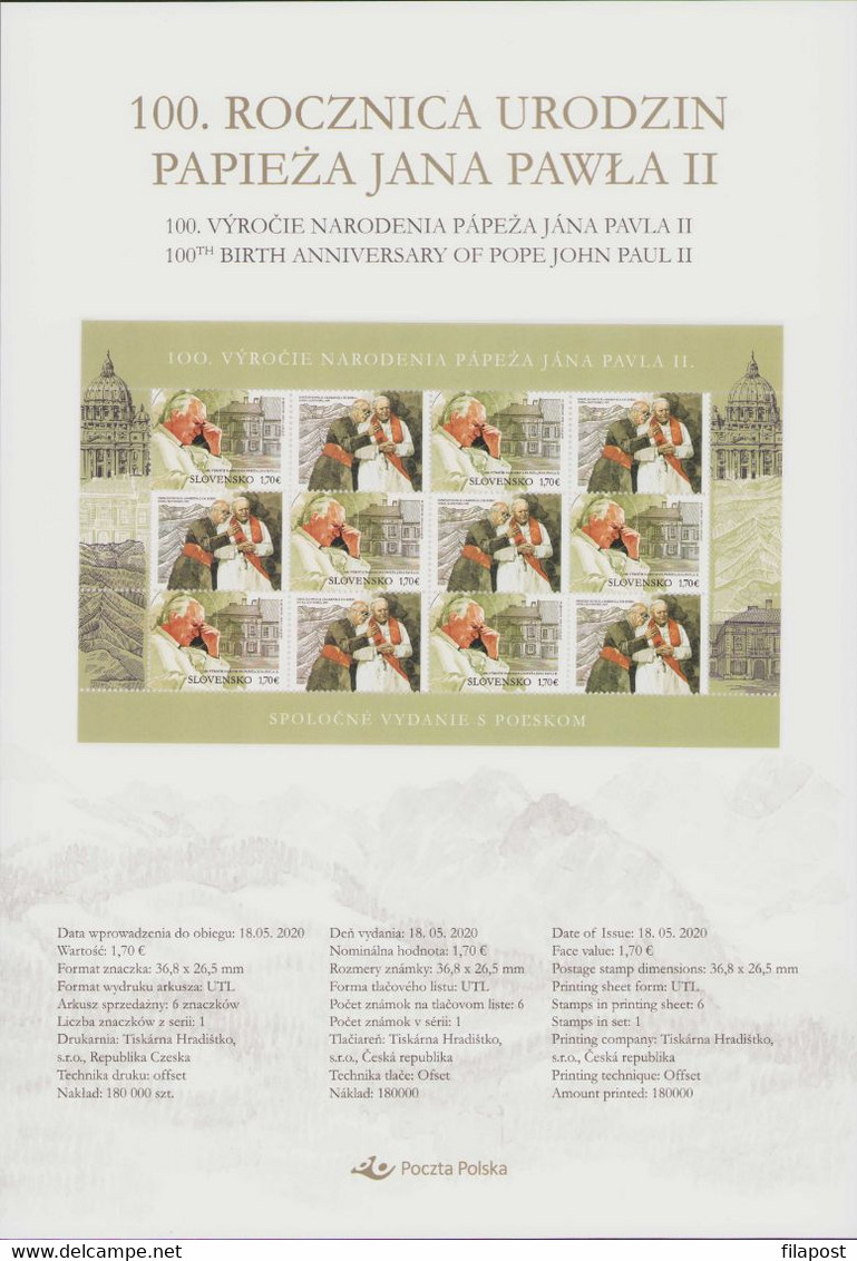 2020 Poland Souvenir Booklet 100th Anniv Of Birth Pope John Paul II Joint Issue With Slovak Post 2 Full Sheet MNH** FV - Markenheftchen