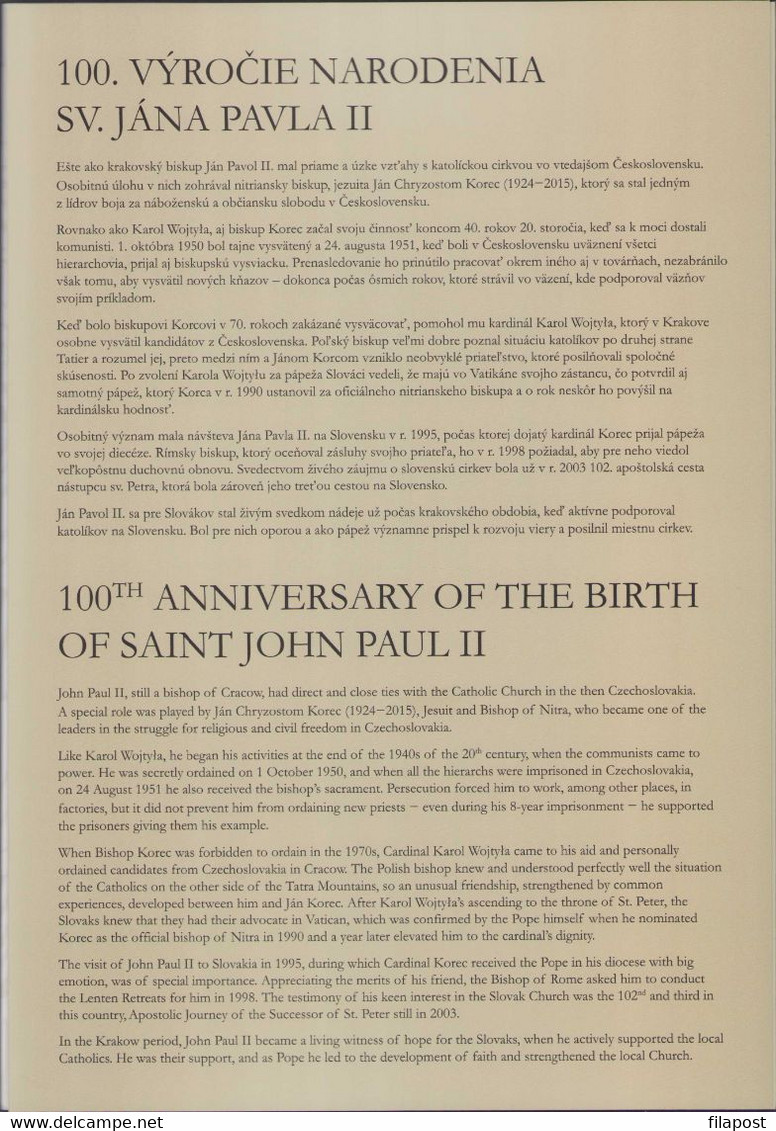 2020 Poland Souvenir Booklet 100th Anniv Of Birth Pope John Paul II Joint Issue With Slovak Post 2 Full Sheet MNH** FV - Postzegelboekjes