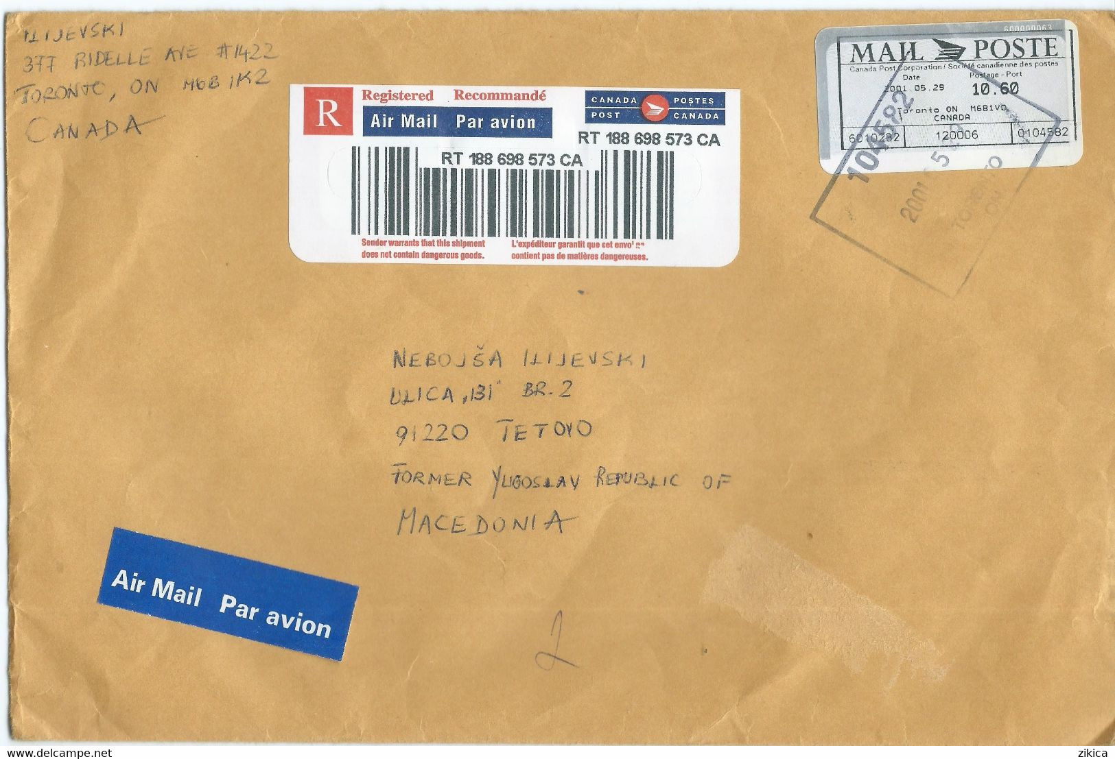 Canada R - Letter Via Macedonia 2001.post Label - Covers & Documents