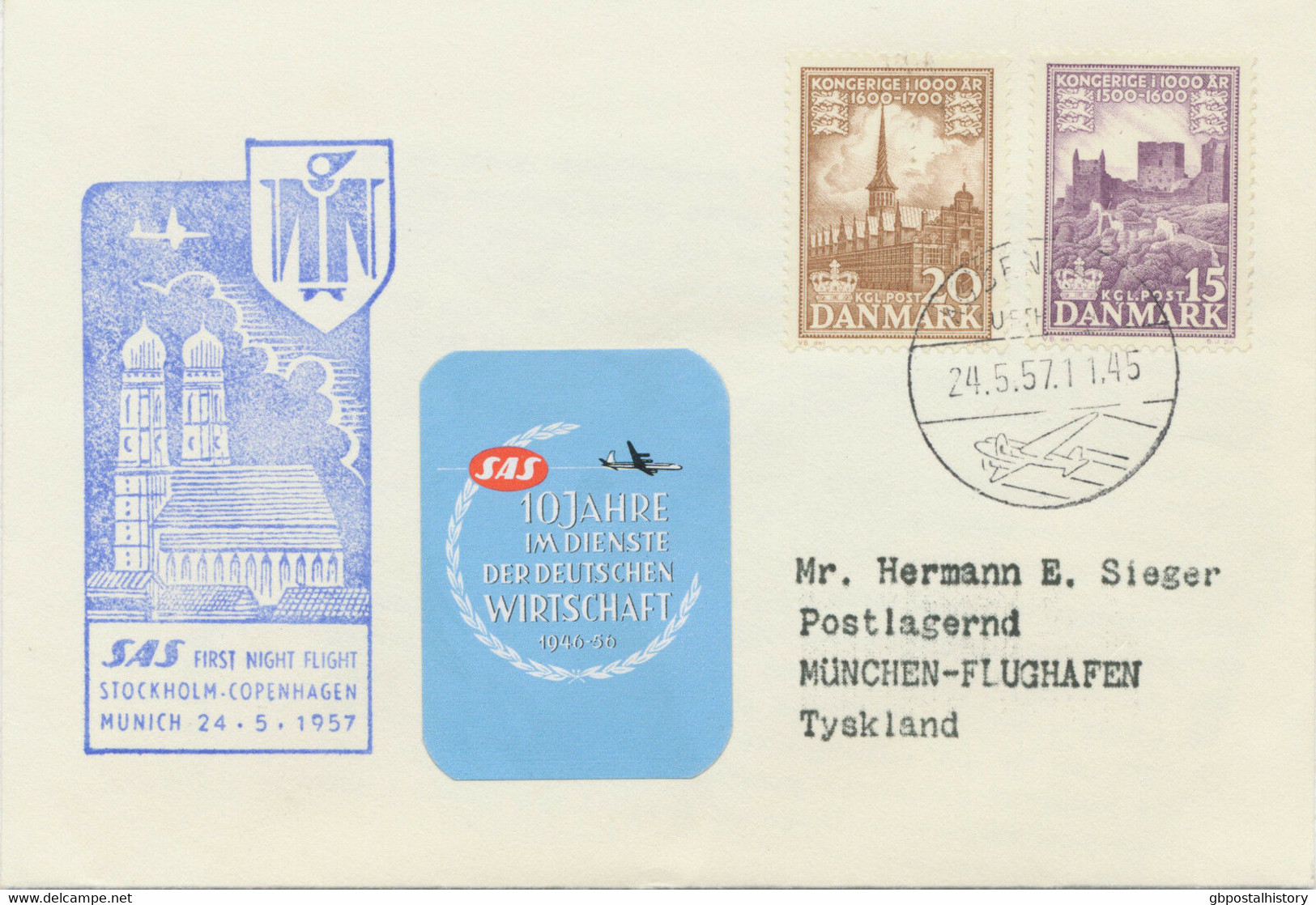 DENMARK 1957, First Night Flight With SAS "COPENHAGEN - MUNICH", Rare, R! - Aéreo