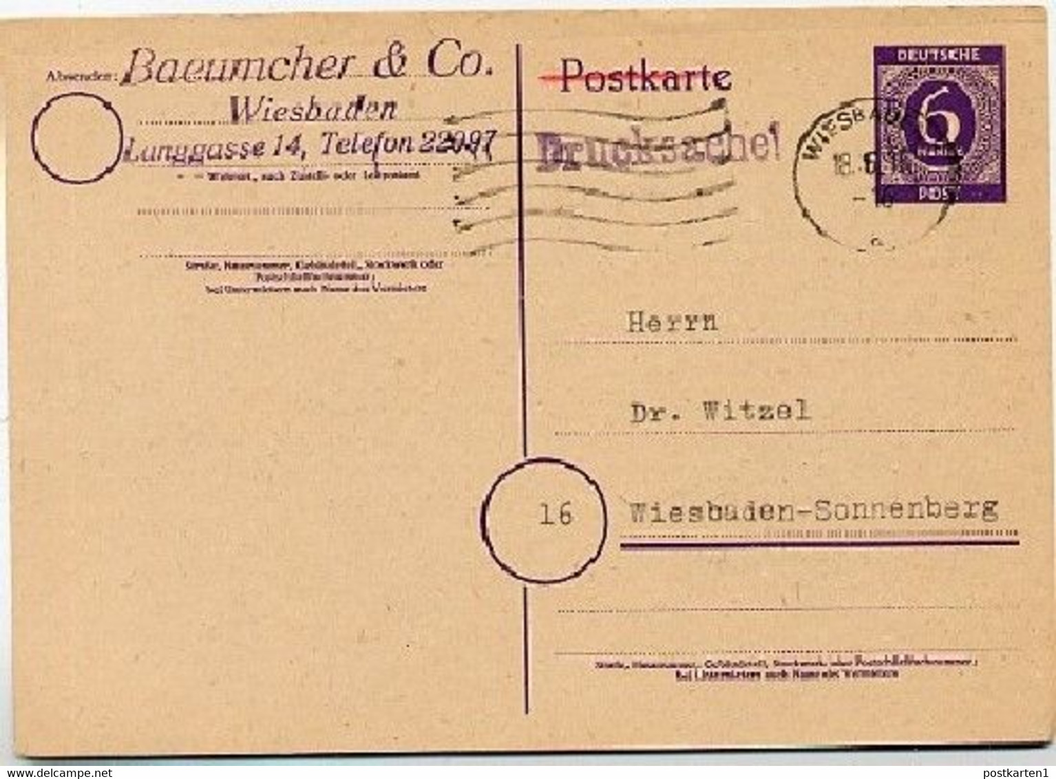 Kontrollrat P951 Postkarte Wiesbaden 18.6.1946  Kat. 20,00 € - Enteros Postales