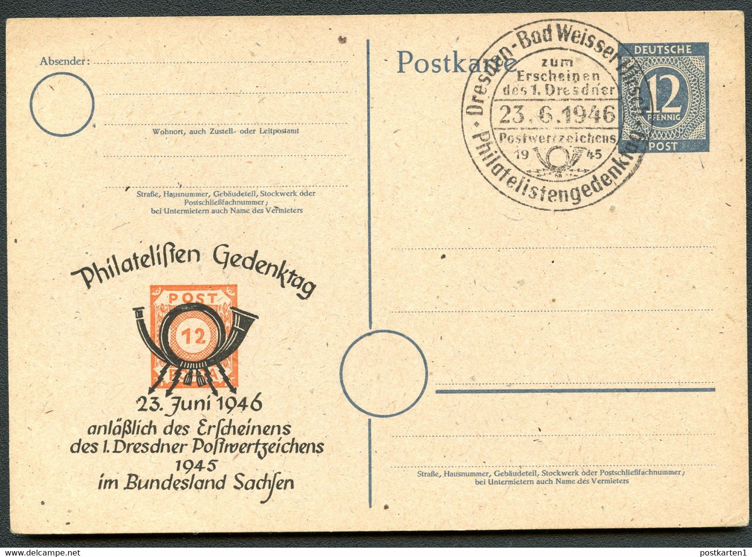 P954 ZC Postkarte Zudruck PHILATELISTEN GEDENKTAG  Dresden Sost. 1946  NGK 7,00 € - Enteros Postales